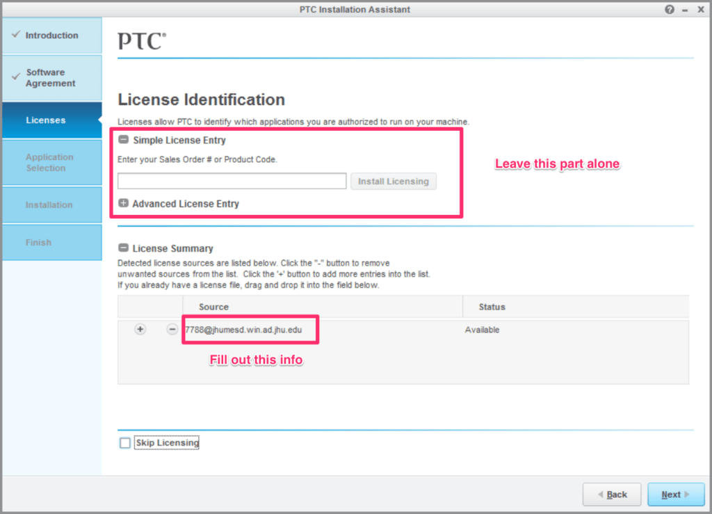 PTC Creo License Entry Information