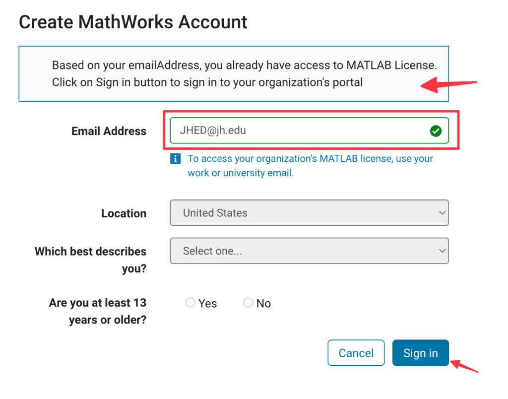 Screenshot of Mathworks account creation page, showing the use of the JHED@jh.edu login.  An alert is presented showing it knows JHU has an agreement with Mathworks and you should Sign In with your regular JHED web account.
