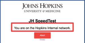 Screenshot highlighting text You are on the Hopkins Internal Network