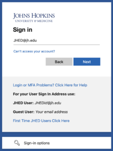 Screenshot of JHED login window. Logins must be of form JHED@jh.edu.