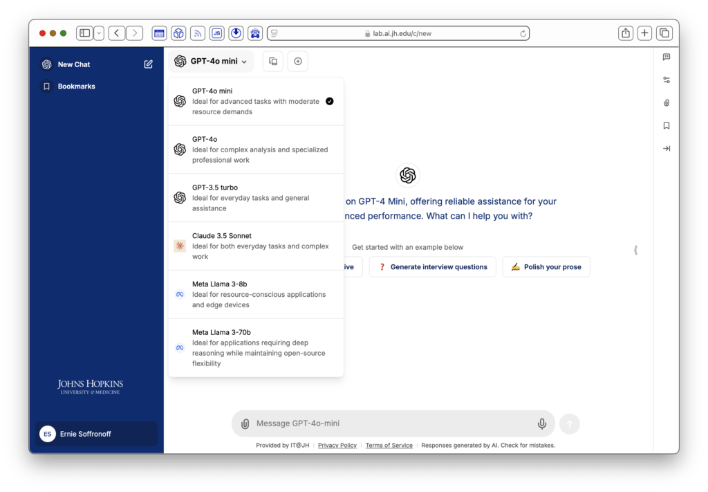 screenshot of Hopkins AI lab showing ChatGPT, Claude, and Llama models of various types