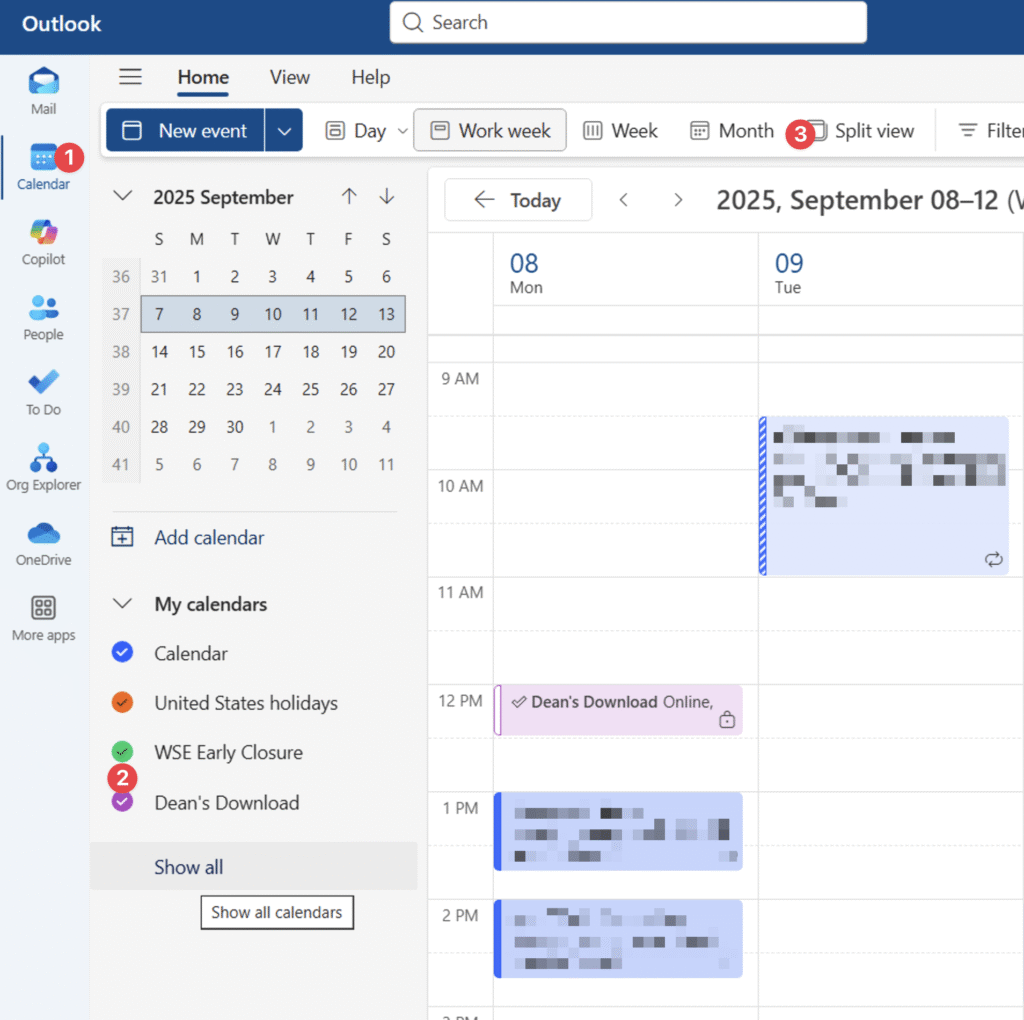 Screenshot of Windows Outlook being configured for overlaid shared calendars. First click calendar, then check the boxes next to calendars, then toggle Split View to be off.